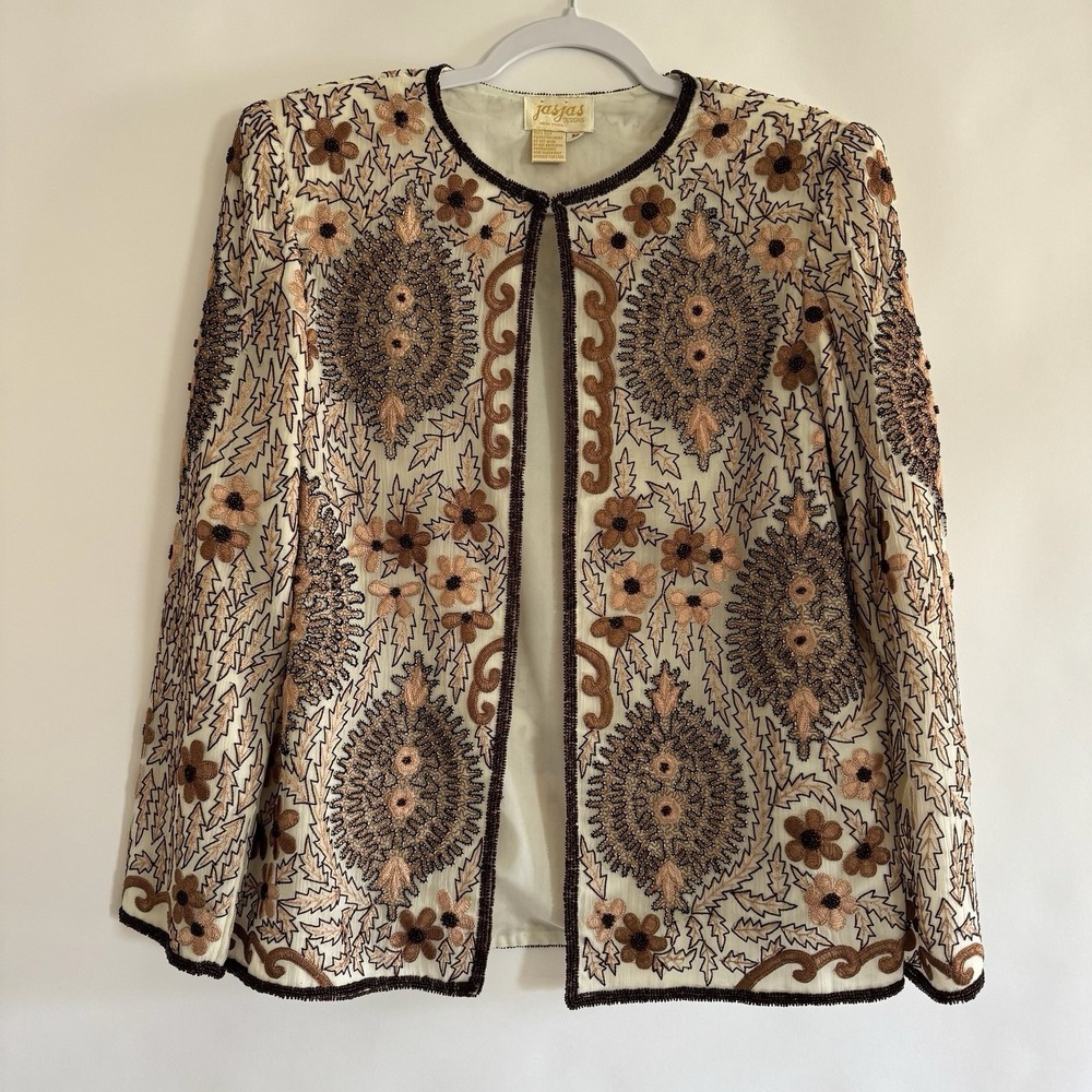 jasjas Designs Womens‎ 100% Silk Embroidered Beaded Floral Coat Medium Jacket